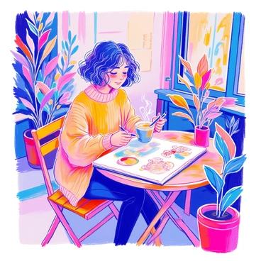 An artist taking a break outside, enjoying a coffee while sketching ideas for their next flat illustration.