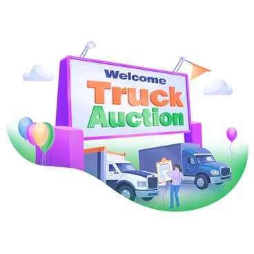 A large welcome sign displaying the words "Truck Auction Today" in bold, eye-catching letters. The sign is positioned at the entrance of the venue, surrounded by decorative elements such as colorful balloons and banners. There are two trucks parked nearby, showcasing different models, and a small crowd of people gathered, some holding registration forms. Bright sunlight illuminates the scene, creating a lively atmosphere.