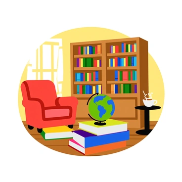 A cozy library scene featuring a large wooden bookshelf filled with various books. In the foreground, a globe is sitting atop a stack of travel books, showcasing destinations around the world. Soft, warm lighting filters through a nearby window, casting gentle shadows on the wooden floor. A comfortable armchair sits next to the bookshelf, inviting one to read. A small side table beside the chair holds a steaming cup of tea.