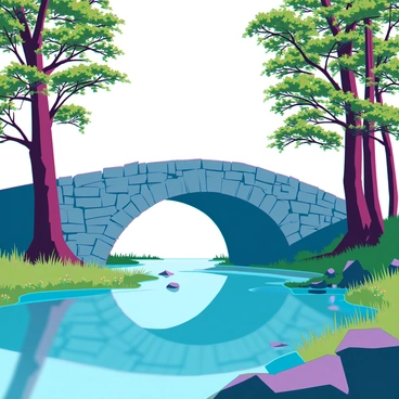 A sturdy stone bridge with a gently arched structure spanning over a calm river. The stones are textured and rugged, showing signs of age. Below the bridge, the river flows smoothly, reflecting the greenery surrounding it. Tall trees with dense foliage and vibrant leaves tower on either side of the river, creating a natural frame for the scene. The lush grass and small shrubs along the riverbank add depth and richness to the landscape. Sunlight filters through the leaves, casting dappled shadows on the ground.