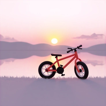 A mini bike, painted in bright red and black, is parked on the soft grass beside a calm lake. The lake's surface mirrors the vibrant colors of sunset, with hues of orange, pink, and purple blending seamlessly together. Silhouetted against the sunset, the bike stands out sharply, with its wheels turned slightly towards the water. In the background, there are soft hills that gently rise, their outlines blurred by the fading light. The atmosphere is tranquil and still, creating a perfect setting for the scene.