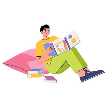 A person sitting comfortably on a large, fluffy pillow while reading a book. The individual has short brown hair and is wearing casual clothes, with a slight smile on their face as they turn the page. The book is held in both hands, open to reveal colorful illustrations. Soft light is illuminating the scene, casting gentle shadows around the person. A cozy blanket is draped over their lap, and a small stack of additional books is placed beside them on the floor.