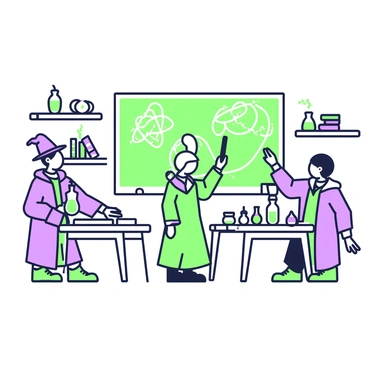 A classroom filled with potions, where students are engaged in learning spells. Several wooden desks are arranged in rows, each occupied by students wearing robes. To the left, a student with a pointed hat is focusing on a potion that bubbles in front of them, surrounded by various glass vials filled with colorful liquids. In the center, another student is practicing wand movements, creating gentle sparks in the air. The walls are adorned with shelves lined with more potions and spell books. A large chalkboard at the front displays intricate diagrams of spellcasting techniques.