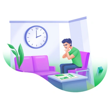 A modern pastel illustration depicting a person sitting in a waiting room. The person has a tense expression, glancing anxiously at a round clock on the wall displaying the time. The waiting room features soft pastel-colored walls, comfortable seating, and a small coffee table with a few magazines arranged neatly. A plant with green leaves is positioned in one corner of the room, adding a touch of color to the setting. The clock has bold numbers and a simple design, emphasizing the passing time.