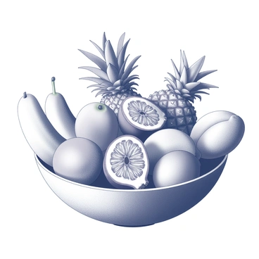 A bowl filled with various tropical fruits. The bowl contains sliced passion fruits, showcasing their unique texture and seeds. Surrounding the passion fruit are tropical fruits such as pineapples, mangoes, and bananas, all arranged in an appealing manner. The fruits are varied in sizes, with some whole while others are cut into sections, revealing their juicy interiors. The surface of the bowl is smooth and round, complementing the natural shapes of the fruits.