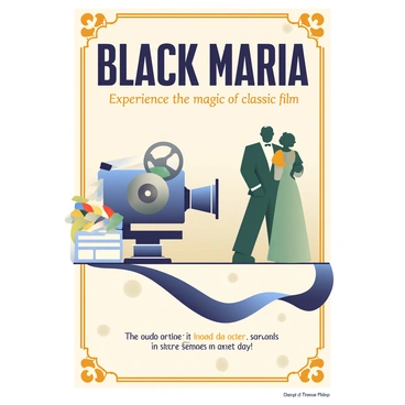A retro movie poster features a classic "Black Maria" film title in bold, stylized typography at the top. The background is a faded sepia tone, reminiscent of early 20th-century cinema. In the foreground, there is an illustration of a vintage film camera with a large lens, surrounded by film reels and a clapperboard. To the side, there are silhouettes of a couple dancing, dressed in period-appropriate attire. Decorative elements, such as art deco patterns, frame the edges of the poster, enhancing its nostalgic feel. At the bottom, there is a tagline in smaller bold text, inviting viewers to experience the magic of classic film.