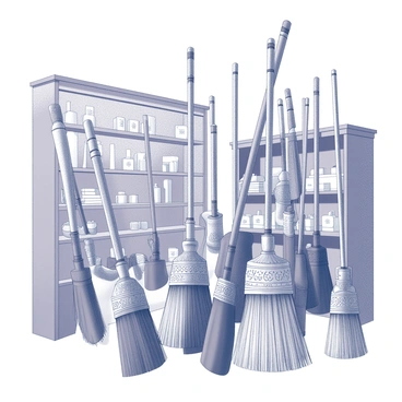 A shop interior filled with an assortment of broomsticks. Each broomstick has unique designs, showcasing intricate patterns carved into the handles and differing shapes of the bristles. The broomsticks are arranged in a way that allows view from all angles, some standing upright in display racks while others are leaned against shelves. The background includes wooden shelves stocked with additional magical supplies. The overall atmosphere conveys a sense of enchantment and whimsy.