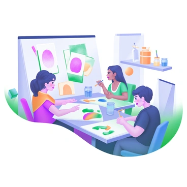 A room filled with a diverse group of people sitting at tables, each engaged in various forms of illustration. One person is drawing with colored pencils, another is painting with watercolors, and a third is using markers on their artwork. The individuals exhibit a range of emotions as they focus on their creations. In the background, there are supplies such as sketchbooks, paintbrushes, and jars of water for cleaning brushes. The atmosphere is supportive, with soft lighting enhancing the creative environment. Each person has a unique style reflected in their art, with images that represent their feelings displayed on the tables.