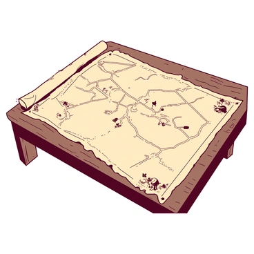 An ancient parchment map is spread out on a rustic wooden table. The map is embellished with intricate details, featuring a network of faded lines connecting various "marked locations" across its surface. Each location is highlighted with small "x" symbols, indicating hidden plots. In the corners of the map, there are drawings of mythical creatures and symbols representing different alliances. The edges of the parchment are slightly frayed, giving it a worn appearance, and there are subtle stains that suggest it has been used frequently.
