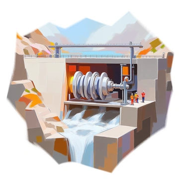 A cross-section view of a hydropower dam, showcasing the intricate internal workings. The dam's thick concrete wall is prominently displayed, with a large reservoir of water behind it. The water flows through an intake, which leads to a turbine room. Inside the turbine room, several large turbines are arranged in a row, with water rushing through each turbine, generating power. The spillway is visible at the base, allowing excess water to flow out safely. Various pipes and cables run throughout the dam, connecting the turbines to the power generation equipment. A few workers in safety gear are seen inspecting the machinery, emphasizing the scale and complexity of the structure.
