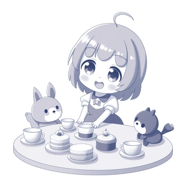 A kawaii anime girl is seated at a small round table dressed in a frilly dress. She has large expressive eyes and a cheerful smile. Surrounding her are several adorable stuffed animals, each with distinct features and expressions. The table is adorned with an assortment of tiny cakes, each intricately detailed with frosting and decorations. The setting includes a pastel tablecloth and delicate teacups arranged neatly, enhancing the inviting atmosphere of the tea party.