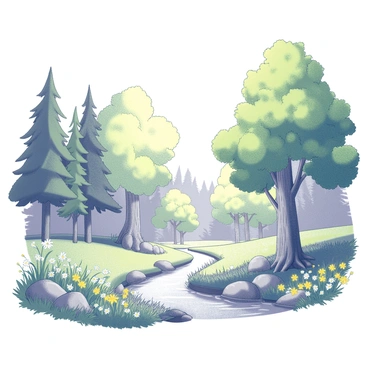 An illustration depicting a forest scene transitioning from spring to summer. On the left side, spring is represented with budding leaves and blooming flowers scattered across the ground, including delicate white blossoms and sprigs of bright green foliage. Moving towards the center, the trees are lush with full green leaves, showcasing the vitality of summer. In the background, a variety of trees stand tall, their trunks textured and sturdy. Sunlight filters through the canopy, creating dappled shadows on the forest floor, which is dotted with yellow wildflowers. A small stream winds through the scene, reflecting the vibrant greens and yellows of the foliage.