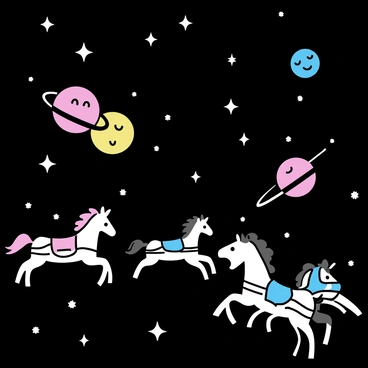 A row of carousel horses, each beautifully carved and painted, float gracefully through a dark expanse of outer space. The horses, adorned with vibrant colors, are positioned in various dynamic poses as if in mid-gallop. Bright stars twinkle in the background, while colorful planets of varying sizes orbit nearby. The scene conveys a sense of whimsical adventure as the carousel horses drift among this celestial landscape.