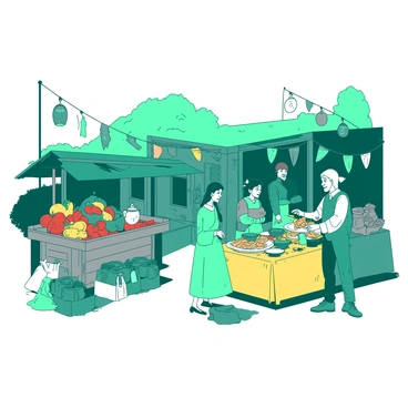 A teal market scene in the Shire with numerous stalls filled with fresh produce and handmade crafts. On the left, there is a wooden stall overflowing with vibrant fruits and vegetables, including red tomatoes and yellow bell peppers. In the center, a stall displays an array of handmade pottery, showcasing unique designs. People in traditional Shire attire are browsing the stalls, some carrying bags filled with goods. To the right, a cheerful vendor is offering samples of freshly baked bread from a yellow table adorned with loaves. Colorful banners flutter gently above the stalls, adding liveliness to the scene.