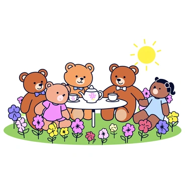 A group of teddy bears and dolls seated around a small, round table set for a tea party. The teddy bears are made of soft brown fur, with some wearing colorful bow ties. The dolls have diverse features and are dressed in various pastel dresses. On the table, there are delicate porcelain teacups and a teapot decorated with floral patterns. Surrounding the table is a blooming garden filled with vibrant flowers in shades of pink, yellow, and purple. The sun is shining brightly, casting soft shadows on the grass beneath.