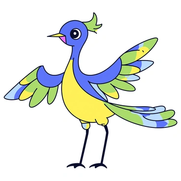 A character with bird-like features composed of vibrant, swirling colors