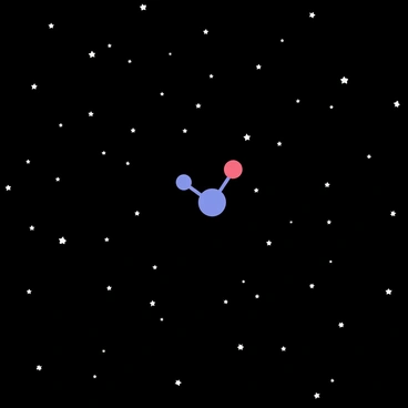 A water molecule drifting through the vastness of outer space with stars in the background