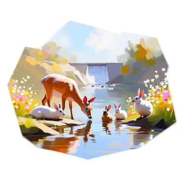 A serene landscape depicting a river flowing gently downstream of a dam. Various wildlife gather at the water's edge to drink. A graceful deer with a tawny coat bends its neck to sip from the clear water. Nearby, a group of rabbits sits attentively, their ears perked up. A pair of ducks paddles in the river, leaving gentle ripples in their wake. Lush greenery and wildflowers frame the scene, enhancing the natural beauty of this moment. The dam rises in the background, partially obscured by trees, contributing to the tranquil atmosphere.