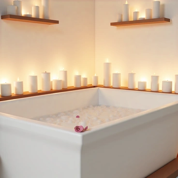 A classic white bathtub, filled with bubbles, is positioned in the center of a softly lit room. Surrounding the bathtub are numerous glowing candles of varying heights, casting a warm light that reflects off the smooth surfaces. The candles are placed on wooden shelves and the edges of the bathtub. A few rose petals are scattered on the rim of the bathtub, adding a touch of elegance. The walls are decorated with neutral colors, and the dim lighting enhances the cozy and romantic ambiance.