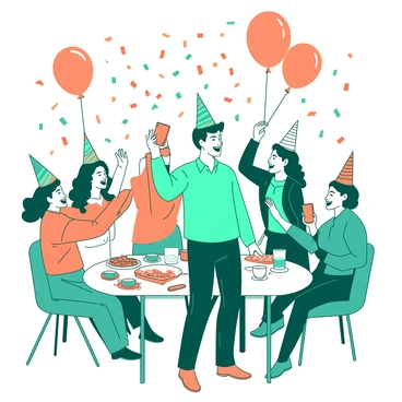 A teal product owner is smiling widely as they stand in the center of a celebration. Surrounding the owner are team members, each wearing colorful party hats, with expressions of joy on their faces. The scene is filled with orange balloons floating above, some tied to chairs and tables. Confetti in shades of orange and teal is cascading down from above, creating a festive atmosphere. In the background, there is a table adorned with snacks and drinks, showcasing a successful product release. The team members are high-fiving each other and a few are holding up their phones, capturing the moment.