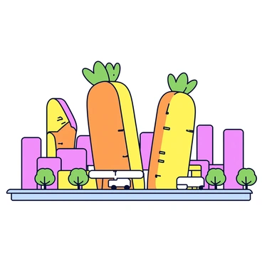 A futuristic cityscape featuring tall buildings shaped like sleek, modern carrots. The buildings have smooth, vibrant green tops that taper down to a bright orange base, mimicking the form of carrots. The city has wide, clean streets lined with small trees and futuristic vehicles. In the background, there are additional carrot-shaped structures of varying heights, creating a harmonious skyline. The sky is clear, adding to the bright and colorful atmosphere of the scene.