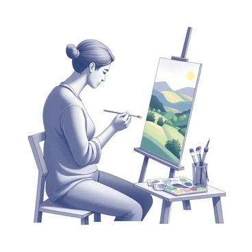 An artist is positioned at an easel, focused on a vibrant landscape scene. The artist is applying watercolors in distinct layers, demonstrating the technique of blending colors. Various brushes and a palette filled with colors are arranged neatly on a nearby table. The landscape features rolling hills, trees, and a distant mountain range, all in the early stages of development. The artist holds a brush, mid-motion, as a small splash of watercolors is seen on the canvas, capturing the process of creation.