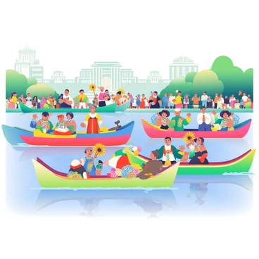 A vibrant boat parade is taking place on a river, showcasing a variety of colorful boats. Each boat is uniquely decorated with bright shades of red, blue, green, and yellow, reflecting the festive spirit of the ASEAN festival. Spectators line the riverbanks, some waving flags and others taking photographs. In the background, lush greenery and traditional buildings can be seen, enhancing the festive atmosphere. Some boats feature intricate floral displays and cultural motifs, while others have performers in traditional attire, showcasing their heritage as they smile and wave to the crowd. The water reflects the vivid colors of the boats, creating a lively and dynamic scene.