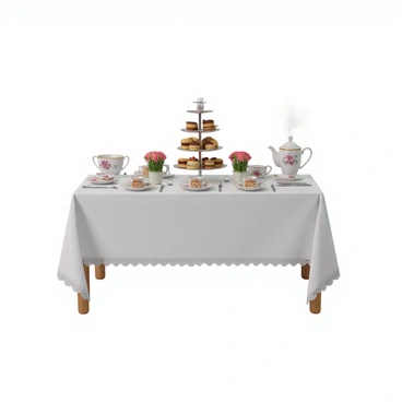 A table elegantly arranged for afternoon tea at Harrods. The tablecloth is crisp white, with delicate lace edging. At the center, there is a tiered stand filled with an array of pastries, including macarons, scones with clotted cream, and assorted cakes. Surrounding the stand, there are fine china teacups and saucers, each adorned with intricate floral patterns. Silverware is polished and neatly placed beside each setting. A teapot with a matching design sits at one end of the table, steam rising gently from its spout. Miniature vases with fresh flowers are placed as centerpieces, adding a touch of color and elegance to the setting.