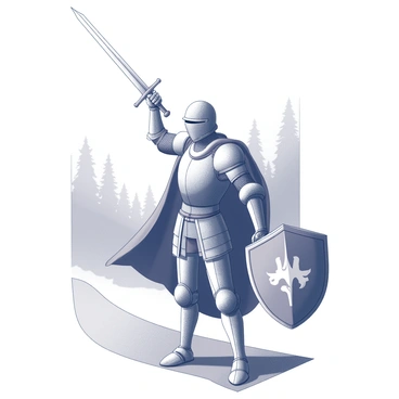 A knight wearing intricately detailed armor stands in a determined pose. The knight holds a shining sword high above their head with one hand, while the other hand firmly grips a large shield emblazoned with a distinct emblem. The knight’s cape flows behind them as they stand on a path that leads into a dense forest, indicating the start of a quest. The knight’s expression shows focus and bravery, ready to face the challenges ahead.