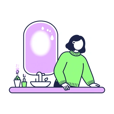 A person is standing in front of a foggy mirror. The mirror reflects a soft, blurred image with indistinct facial features. The person is wearing a cozy, long-sleeve sweater. Their hands are resting on the counter below the mirror, while droplets of condensation are visible on the surface of the mirror. The surrounding bathroom has a few items like a toothbrush holder and a small plant on the counter. The atmosphere conveys a sense of privacy and intimacy.