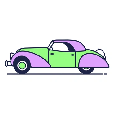 An outline illustration of a classic car is prominently displayed in the center of the image. The car features exaggerated curves, with a streamlined body and flowing lines that enhance its silhouette. The hood is raised with a pronounced curve leading to a rounded front. The wheels are large and wide, emphasizing the car's retro design. Beneath the outline, a faint shadow adds depth, and the overall composition is balanced and focused on the elegance of the car's shape.