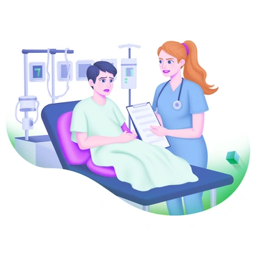 A patient wearing a hospital gown sits on an examination table, looking slightly anxious yet hopeful. The patient has a calm expression, with short, dark hair and their hands resting in their lap. Beside them stands a nurse dressed in pastel blue scrubs, smiling reassuringly. The nurse has long, light brown hair pulled back in a ponytail and is holding a clipboard. In the background, medical equipment can be seen, including an IV stand and a few monitors, creating a clinical yet comforting atmosphere. The lighting is soft, contributing to a warm and supportive environment.