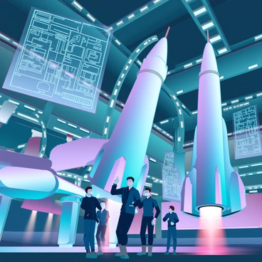 Inside a rocket factory, a group of workers with protective gear is assembling large rocket parts. The factory is filled with advanced machinery, robotic arms, and conveyor belts moving components. There are large blueprints and technical diagrams pinned to the walls, showcasing the intricate designs of the rockets. Bright industrial lights illuminate the workspace, highlighting the polished metal surfaces of the rocket parts. In the background, large rockets are being tested, with sparks flying from welding stations. The atmosphere is busy and focused, with workers collaborating on various tasks, including drilling, welding, and inspecting components.