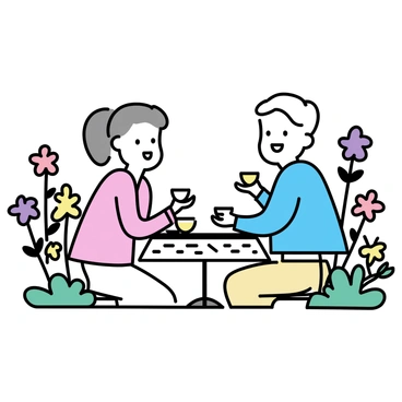 An elderly couple sitting at a small round table in a lush garden. The man has white hair and is wearing a light blue cardigan with beige trousers, while the woman has gray hair tied back and is wearing a soft pink blouse with white pants. They are both smiling as they hold colorful teacups. The table is adorned with a patterned tablecloth. Surrounding them are vibrant flowers in various colors, including red, yellow, and purple, along with green foliage creating a lively atmosphere.
