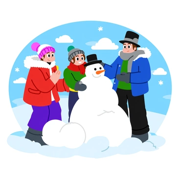A group of three anime characters dressed in warm winter attire stands together in a snowy landscape. One character wears a bright red parka with fluffy white trim, while another has a blue down jacket with a matching knitted hat. The third character sports a cozy green sweater layered under a thick gray scarf. They are joyfully building a snowman, stacking snowballs to create its body. The snowman has a carrot nose and is adorned with a red scarf and a black top hat. Fluffy snowflakes gently fall from a cloudy sky, blanketing the ground in a thick layer of white snow.