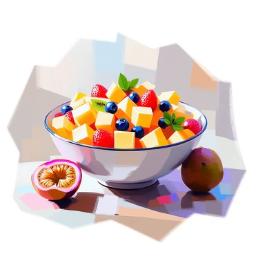 A large, round bowl filled with a vibrant fruit salad featuring a mix of diced pineapple, strawberries, blueberries, and slices of kiwi. The fruits are arranged in a harmonious pattern, showcasing their bright colors. The top of the salad is garnished with scattered passion fruit seeds, adding a contrasting texture. The bowl is placed on a wooden table, with a few whole fruits, including a passion fruit and a kiwi, placed nearby for added detail.