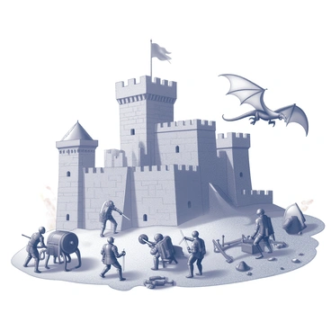 A fortified castle stands tall in the background, its stone walls adorned with battlements. In the foreground, a fierce battle rages on. Several knights, clad in armor, wield swords and shields, engaging in combat with one another. To one side, a large dragon with its wings fully extended is soaring through the air, ready to unleash flames upon the battlefield. On the ground, siege weapons such as catapults and trebuchets are positioned, aimed towards the castle walls, while some warriors operate them. The landscape around the castle is chaotic, with fallen soldiers and debris scattered across the terrain, adding to the intensity of the scene.