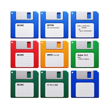 A collection of colorful floppy disks arranged in a neat grid pattern. Each floppy disk is labeled with classic DOS software names in bold, clear typography. The disks come in vibrant colors like blue, red, green, and yellow, each with a distinctive design. The labels include names like "MS-DOS," "Norton Commander," and "Lotus 1-2-3." The disks have a glossy finish, reflecting light subtly, emphasizing their nostalgic appeal. The background is a simple, neutral color to allow the disks to stand out prominently.