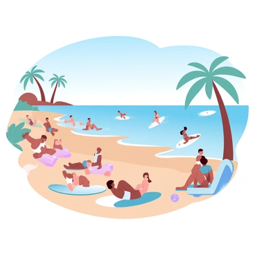 A group of people is lounging on the sandy shores of "Streets Beach" in "South Bank." Some individuals are laying on colorful beach towels, while others are seated in beach chairs enjoying the sun. Nearby, a family is playing with a beach ball. In the water, several "surfers" are riding the waves, balancing on their surfboards. The scene includes palm trees swaying gently in the background and a clear blue sky above, creating a vibrant beach atmosphere.