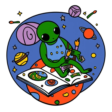 A green alien with large black eyes and a round head is sitting on a colorful asteroid, holding a sketchbook. The alien is wearing a small blue apron covered in paint splatters. The sketchbook is open, revealing vibrant illustrations of cosmic landscapes, including swirling galaxies and distant planets. The background is filled with stars twinkling in the deep space, and a purple nebula can be seen in the distance. The alien is concentrating on its drawing, surrounded by floating tools like brushes and colorful paints.