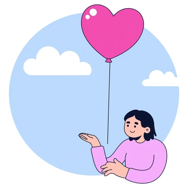 A heart-shaped balloon in bright red color is drifting upward into the sky. The balloon is tied to a thin string that is slipping from the grip of a person’s hand. The person has a neutral expression, with their hand positioned slightly open as they watch the balloon ascend. The background features a clear blue sky with a few fluffy white clouds, providing a simple and unobtrusive atmosphere.