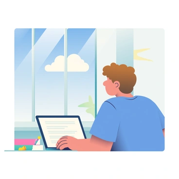 A student with light brown hair is sitting at a desk with a laptop open in front of them. They are wearing a casual blue t-shirt and have a focused expression. The student is turning their head to the right, gazing out a large window. Outside, a bright blue sky is visible, dotted with a few fluffy white clouds. Sunlight streams in through the window, casting warm light across the desk. On the desk, there are a few notebooks and a colorful pen positioned neatly beside the laptop. The room has light-colored walls, making the scene feel bright and airy.