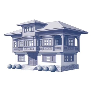 A traditional Bhutanese house with a rectangular shape and a steeply sloping roof. The facade features intricate woodwork, showcasing detailed carvings and geometric designs. The structure includes multiple windows adorned with wooden frames, each displaying unique patterns. There are wooden balconies that extend from the upper floors, embellished with additional decorative elements. The house stands on a stone foundation, with a surrounding garden that includes carefully arranged plants.