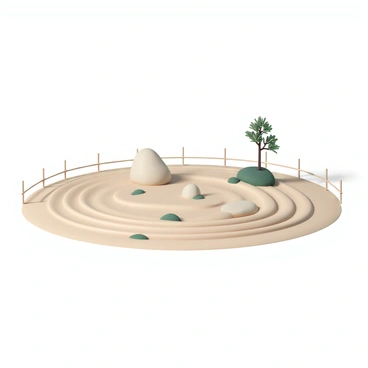 A tranquil zen garden, featuring meticulously raked sand patterns arranged in graceful curves and lines across a half illustration board. Smooth, polished stones are strategically placed throughout the garden, adding an element of balance. Small patches of green moss are interspersed among the sand, contrasting with the beige tones. A delicate bamboo fence outlines the garden, and a single, slender bonsai tree stands elegantly at one corner, its leaves a vibrant green, creating a harmonious focal point. Gentle shadows fall across the sand, enhancing the serene atmosphere of the scene.