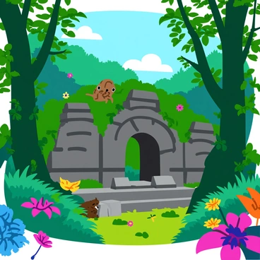 Ancient ruins of a hidden temple are nestled deep within a lush rainforest. The stone structure is partially covered in thick green vines and moss, with large trees growing around and through it. Sunlight filters through the dense canopy above, casting dappled shadows across the weathered stones. Intricate carvings are visible on the temple walls, showcasing faded symbols and designs. A variety of colorful tropical plants and flowers surround the ruins, adding vibrant splashes of color to the scene. Small animals can be seen peeking from behind the foliage, contributing to the lively atmosphere of this secluded location.