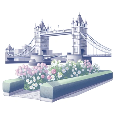 A small garden area located next to London Bridge. The garden features a variety of flowers with distinct shapes and textures, including daisies and roses. The flowers are arranged in clusters, with some standing tall while others are shorter and more spread out. There are neatly trimmed green bushes surrounding the garden, creating a natural boundary. A cobblestone path winds through the garden, leading visitors to an area where they can admire the floral arrangements. The backdrop consists of the iconic London Bridge, adding architectural interest to the scene.