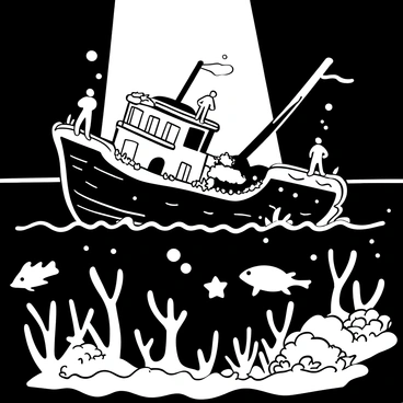 A large, sunken ship rests on the ocean floor, its weathered hull partially covered in coral and marine life. Ghostly sailors, depicted as translucent figures, are seen emerging from the ship, some standing on the deck while others drift through the water around it. Bubbles rise from the ship's structure, creating an eerie atmosphere. The surrounding deep ocean is filled with shadows, with faint outlines of fish swimming nearby. Rays of light penetrate the water, illuminating the ship and the ghostly sailors, enhancing the mysterious ambiance of the scene.
