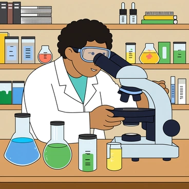 A scientist with medium skin and short curly black hair, wearing a white lab coat and safety goggles, is peering intently through a large microscope. The microscope is positioned on a wooden lab table cluttered with various clear glass beakers of different sizes, filled with colorful liquids in shades of blue, green, and yellow. Some beakers have labels on them. The background is filled with shelves stacked with books and scientific equipment, adding to the busy laboratory atmosphere. The scientist's expression shows curiosity and focus as they investigate a specimen.