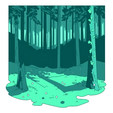 A teal forest filled with tall, slender trees reaching towards the sky. Among the trees, vibrant green leaves are interspersed with patches of glowing poison ivy, casting an enchanting light. The ground is covered in soft moss, with small white flowers peeking through. In the background, shadows deepen among the trunks, suggesting hidden paths. Light filters through the canopy, highlighting the magical quality of the scene.