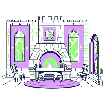 The interior of a grand castle is depicted with high ceilings and intricate stonework. On the walls hang elaborate tapestries, showcasing scenes of knights and mythical creatures, richly detailed and vibrant. In the center of the room, a roaring fireplace casts warmth and light, the flames dancing within a large stone hearth. Ornate wooden furniture, including a long dining table with carved chairs, is arranged near the fireplace. The floor is covered with a luxurious rug, and large arched windows allow natural light to filter in, revealing the grandeur of the space.